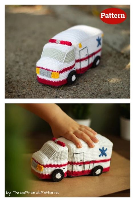 Amigurumi Ambulance Crochet Pattern Fire Truck Crochet Pattern, Crochet Ambulance Free Pattern, Crochet Ambulance, Crochet Fire Truck, Crochet Vehicles, Truck Crochet Pattern, Truck Crochet, Crochet Cars, Cute Amigurumi