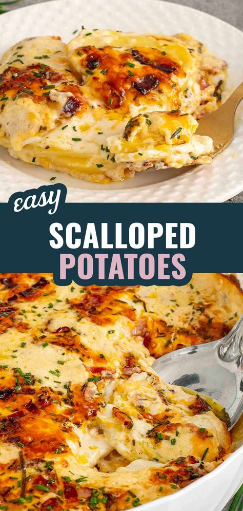 Loaded Scalloped Potatoes: Creamy layers of tender potatoes, rich cheddar, and crispy bacon make this the ultimate comfort side dish. Perfect for any meal—grab the recipe and treat yourself tonight! #LoadedScallopedPotatoes #CheesyPotatoes #ComfortFood #scallopedpotatoes Loaded Scalloped Potatoes, Thanksgiving Side Dishes Crockpot, Easy Cheesy Scalloped Potatoes, Thanksgiving Recipes Side Dishes Veggies, Thanksgiving Side Dishes Healthy, Side Dishes For Ham, Cheesy Scalloped Potatoes, Scalloped Potatoes Easy, Scalloped Potato