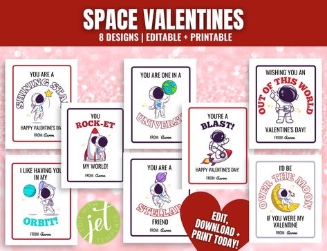 Space Valentines, Editable Class Valentine Cards, Valentine Exchange, Astronaut Valentines, Elementary School Valentines, Preschool Cards Valentines Ideas Cheap, Elementary School Valentines, Astronaut Valentine, Outer Space Valentines, Valentines Preschool, Space Valentines, Kids Class Valentines, Cute Valentine Ideas, School Valentines