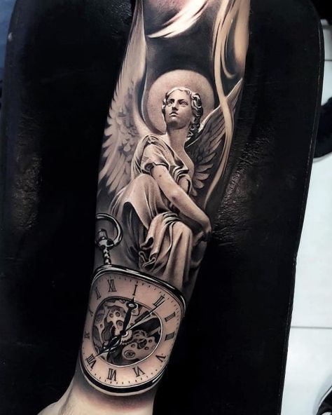 Beautiful Guardian Angel Tattoo Designs To Get Inked Clock Arm Tattoo, Angel Arm Tattoo, Angel Tattoo Meaning, Guardian Angel Tattoo Designs, Tattoo Fairy, Ark Angel, Family First Tattoo, Arm Tattoo Designs, Guardian Angel Tattoo