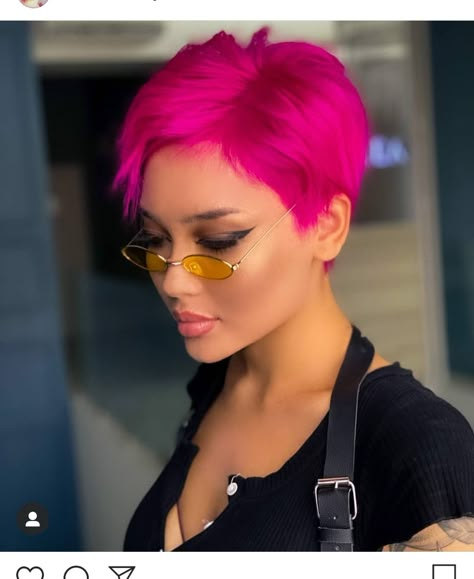 Vivid Hair Color Pixie, Bright Pixie Hair, Short Bright Hair, Vivid Pixie Hair, Hot Pink Pixie Cut, Short Pink Hair Pixie, Colored Pixie Hair, Pink Short Hair Pixie Cuts, Pixie Pink Hair