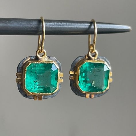 Judy Geib Jewelry, Judy Geib, Golden Jewellery, May Birthday, Gem Earrings, Golden Jewelry, Colombian Emeralds, Emerald Earrings, Deep Green