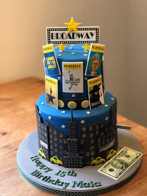 Musical Theater Cake Ideas, Broadway Musical Birthday Party Ideas, Theater Birthday Cake, Theatre Birthday Cake, Broadway Themed Cake, Nyc Birthday Cake, Broadway Birthday Cake, Broadway Cake Ideas, Musical Theatre Birthday Cake