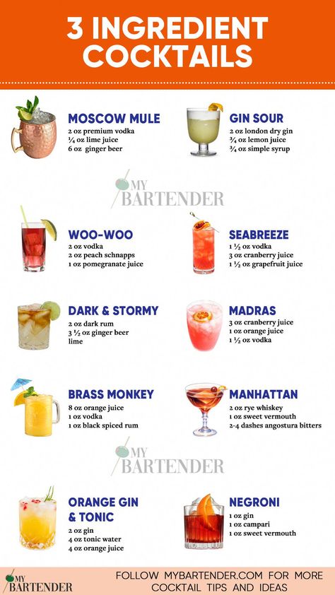 If you’re looking for simple yet delicious drinks to enjoy at home or impress your guests with minimal effort, then 3-ingredient cocktails might just be your new go-to. As the name suggests, these cocktails are made using only three ingredients, making them easy to whip up without the need for a fully stocked bar. #3IngredientCocktails #Cocktails #MorningBrewRituals Fun Simple Cocktails, Mixed Drinks Recipes Easy, 3 Ingredients Cocktails, Easy Bar Drinks To Order, 2 Ingredient Drinks Alcohol, Few Ingredient Cocktails, Best Alcoholic Drinks For Parties, Easy Drink Ideas Alcohol, Mixed Drinks With Titos