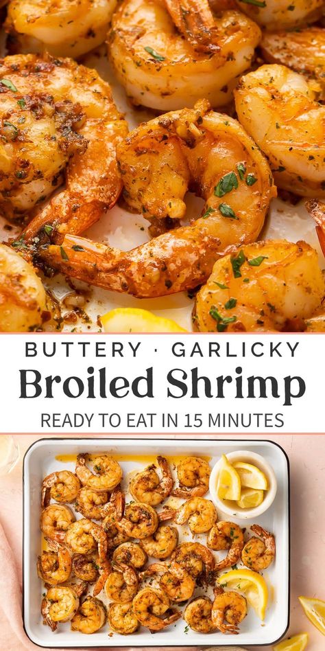 Making broiled shrimp is not only super quick and easy, but this recipe makes the most deliciously tender, flavorful shrimp! Toss in a garlicky butter with just the right amount of spices, this is my family’s favorite way to make shrimp. Serve them over pasta, salad, or on their own… they’re that good! Broil Shrimp In Oven, Broiled Shrimp Recipe, Different Ways To Cook Shrimp, Broiled Shrimp Oven, Frozen Cooked Shrimp Recipes Easy, Good Shrimp Recipes, Frozen Pre Cooked Shrimp Recipes, Cooked Shrimp Recipes Easy, Cooked Shrimp Recipes Frozen