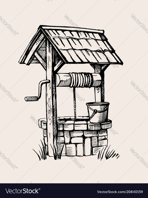 Wishing Well Drawing, Rustic Drawings, Well Sketch, Free Hand Sketch, Well Drawing, Gambar Lanskap, Landscape Pencil Drawings, Well Images, Nature Art Drawings