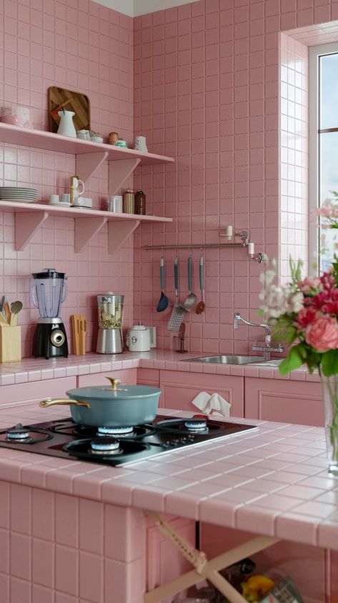 Embrace the feminine flair of this pink kitchen! From its eye-catching tiles to the sophisticated utensils, every detail exudes charm. With a picturesque view that inspires, this space is ideal for whipping up delicious meals in style!  #kitchendesign #kitchendecor #kitcheninspo #homedecor #homedesign Pink Tile Kitchen, Pink Tiles Kitchen, Starry Room, Kitchen 2025, Pink Tile, Kitchen Pink, Tiles Kitchen, Pink Tiles, Pink Home Decor