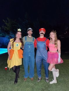 Halloween Costumes 4 Friends Funny, Quadruplets Halloween Costumes, Mario Party Costumes Group Halloween, 4 Couple Halloween Costumes, Mario And Friends Costumes, Stunt Group Themes Costumes, 4 Matching Costumes, Mario Trio Costume, Mario Luigi Peach Daisy Costume