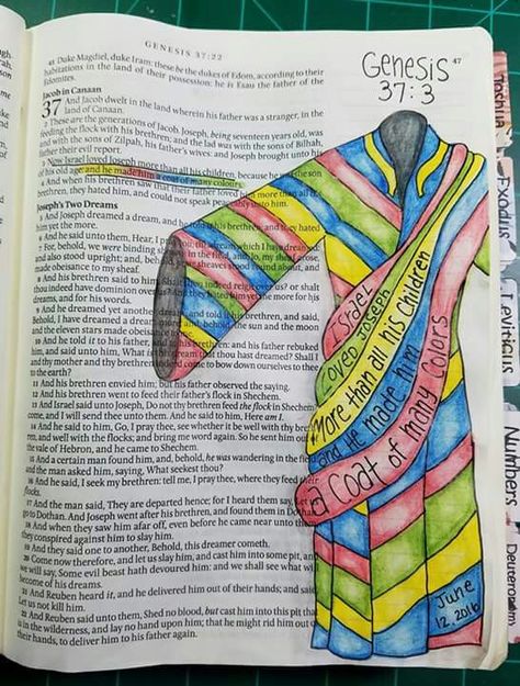 Coat of many colors New Testament Bible Journaling, Genesis Bible Journaling, Beautiful Word Bible, Scripture Doodle, Bible Drawing, Creative Bible, Bible Journaling Ideas Drawings, Bible Doodling, Bible Journal Notes