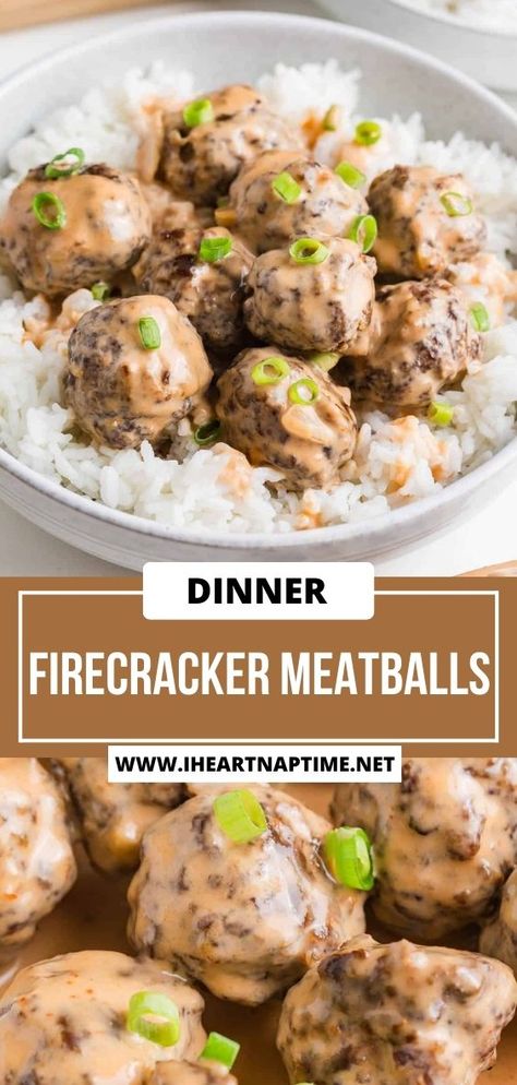 A homemade version of Hello Fresh firecracker meatballs made with tender, juicy meatballs tossed in a creamy, sweet, savory, and spicy sauce. No meal service needed! Spicy Meatballs Recipe, Firecracker Meatballs, Honey Garlic Meatballs, Asian Steak Bites, Juicy Meatballs, Meatball Recipes Crockpot, Creamy Pasta Bake, Meal Service, Healthy Baked Chicken