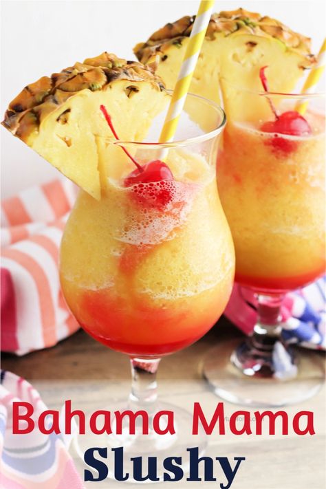 Enjoy a Bahama mama slushy or Bahama mama mocktail at home this summer. Our easy frozen Bahama mama recipe makes 6 slush cocktails. Bahama Momma Drink Recipe, Frozen Bahama Mama Drink Recipe, Banana Mama Drink Recipe, Slush Cocktails, Healthy Slushies, Bahama Mama Recipe, Bahama Mama Drink, Alcoholic Slush, Frozen Mixed Drinks