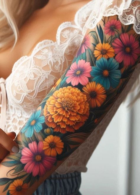 Birth Flower Tattoo Bliss: Stunning Designs | Pocoko Cosmos Flower Tattoo Color, Marigold And Cosmos Flower Tattoo, Cosmos Birth Flower, Zinnia Tattoo, Memphis Tattoo, Cutesy Tattoos, Marigold And Cosmos, Marigold Flower Tattoo, Raven Tattoos