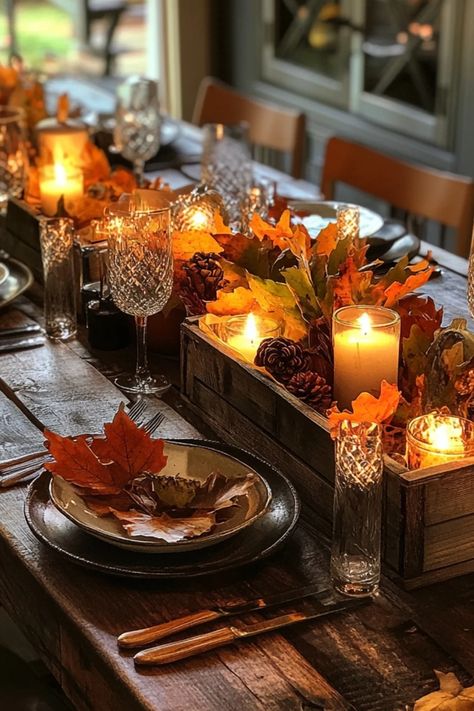 Explore rustic Thanksgiving table centerpieces featuring farmhouse style accents. This pin showcases elegant decorations, combining natural elements for a warm holiday table. Fall Dinner Decor, Fall Wedding Table Centerpieces, Vintage Thanksgiving Decorations, Thanksgiving Decorations Table Setting, Thanksgiving Table Centerpieces, Fall Centerpiece Ideas, Country Kitchen Tables, Modern Farmhouse Aesthetic, Masquerade Party Decorations