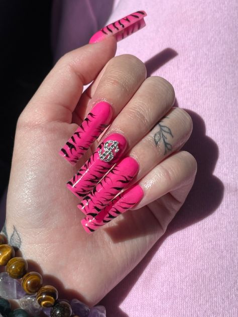 Nails Tiger, Nails Money, Zebra Stripe Nails, Tiger Stripe Nails, Pink Y2k Aesthetic, Hot Pink Zebra Print, Money Nails, Zebra Print Nails, Nails Bling