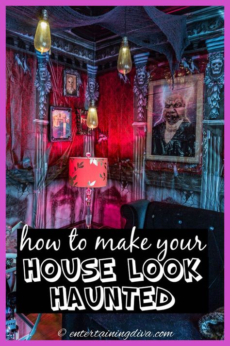 Hunted House Ideas Halloween Diy, Halloween Haunted House Ideas, Halloween Scene Setters, Haunted House Ideas, Halloween Bottle Labels, Animated Halloween Props, Halloween Haunted House Decorations, Halloween Entertaining, Haunted House Decorations