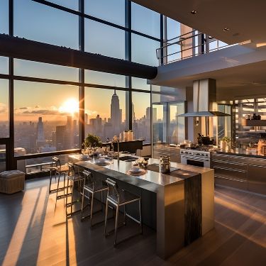 La Penthouse Apartment, Nyc Penthouse Kitchen, Penthouse Apartment Kitchen, Penthouse Dining Room, Old Money Interior Design, Old Money Interior, Penthouse Aesthetic, Penthouse Kitchen, New York City Penthouse