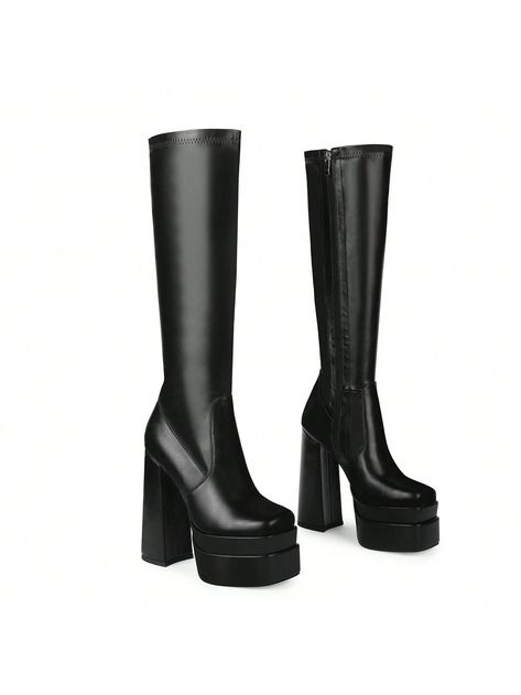 ISNOM Stacked Platform Knee High Boots For Women With High Chunky Heel, Gogo Boots For Women With Square Toe Side Zipper Stretch BootI discovered amazing products on SHEIN.com, come check them out! Platform Knee High Boots, Party Fits, Gogo Boots, Chunky High Heels, Heel Design, Design Square, How To Stretch Boots, Boots Women Fashion, Swag Shoes