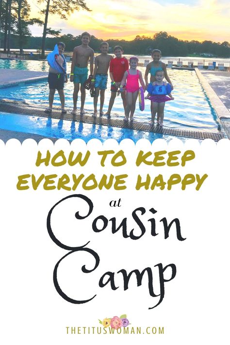 How to keep everyone happy at cousin camp is a great question to ask if you want to host a camp. Here are my best tips. #cousincamp #cousins #grandmacamp #campcece #thetituswoman Auntie Summer Camp, Cousin Camping Shirts, Cousin Camp Activities, Cousins Weekend Ideas, Cousin Sleepover Ideas, Cousin Camp Ideas, Camp Ideas For Kids, Family Camping Trip Shirts, Summer Sleepover