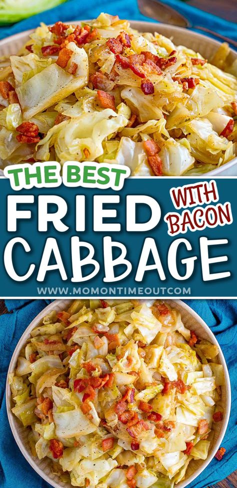 This delicious Fried Cabbage recipe is a quick and easy comfort food side dish that is ready to enjoy in under 30 minutes. Made with bacon, onion and garlic for the most delicious fried cabbage recipe you've ever tried! // Mom On Timeout Fried Cabbage Recipes Bacon, Cabbage Onion Bacon Recipe, Sauteed Cabbage With Bacon, Fried Caggabe, Fried Cabbage Recipes Easy No Bacon, Fried Caggabe Recipes, Cabbage And Bacon Recipes Fried, The Best Fried Cabbage, Fried Cabbage And Onions