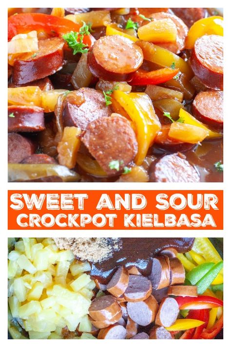 Kielbasa And Pineapple Recipes, Sweet And Sour Kielbasa, Crockpot Kielbasa, Sausage Crockpot Recipes, Crockpot Dinner Recipes, Sausage Crockpot, Smoked Sausage Recipes, Crockpot Appetizers, Crockpot Meal