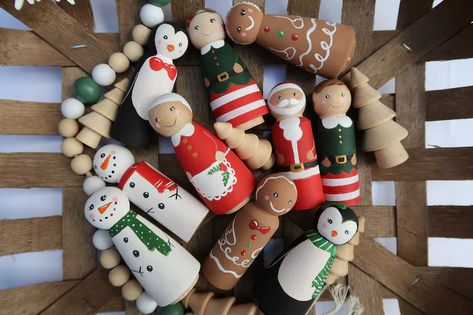 Wooden Christmas Peg Dolls SET of 10 Montessori Childs Gift - Etsy UK Christmas Peg Dolls, Wooden People, Heirloom Toys, Wood Peg Dolls, Operation Christmas Child, Peg People, Pin Doll, Craft Day, Peg Doll