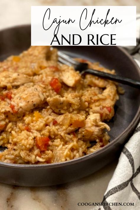 Easy Cajun Chicken and Rice is a one-pan meal with a tasty blend of Cajun seasonings, fresh vegetables, and flavor-filled rice. The spices and herbs add the perfect amount of flavor plus a spicy kick to the chicken and rice. Yummm! #cajunrecipes #cajunfood #chickenrecipes #cooganskitchen Cajun Chicken And Rice Recipes, Creamy Cajun Chicken And Rice, One Pot Cajun Chicken And Rice, Instant Pot Cajun Chicken And Rice, Cajun Chicken Rice, Easy Cajun Chicken, Cajun Seasonings, Bacon Rice, Cajun Chicken And Rice