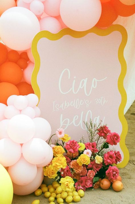 Citrus Welcome Sign, Bright Hens Party, Colourful Hens Party, Italian Summer Party Decor, Italian Summer Bachelorette Party, Citrus Themed Party, Italian Summer Party, Maroon Palette, Welcome Sign Flowers