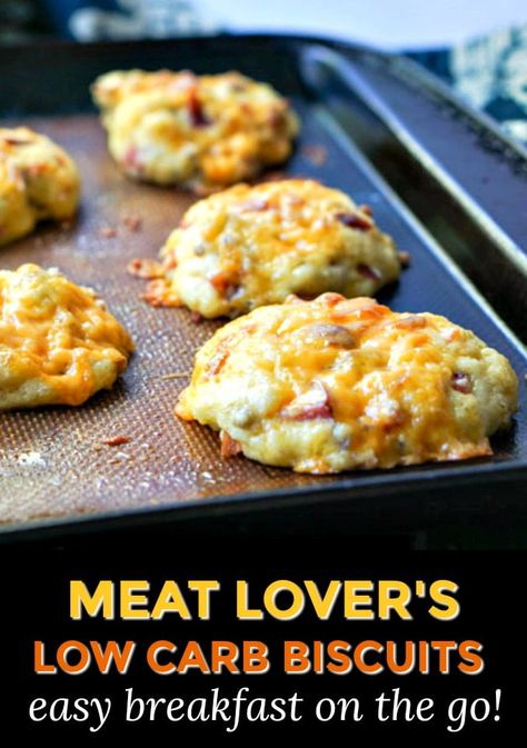 If you need a low carb breakfast on the go, try these easy meat lover's low carb biscuits! It's a simple biscuit recipe with bacon, ham, sausage and cheese that can also be a high protein, low carb snack. Make a big batch and freeze to have on hand. Each biscuit is only 0.5g net carbs and 7.6g protein! #highprotein #biscuits #Lowcarb #keto #breakfast #onthego #freezable #bacon #meatlovers Keto Breakfast To Go Ideas, Keto Breakfast Ideas On The Go, Meaty Breakfast Ideas, Keto Breakfast Recipes On The Go, Keto High Protein Breakfast, High Protein Biscuits, On The Go Protein Breakfast, Low Carb Breakfast On The Go, Protein Breakfast On The Go