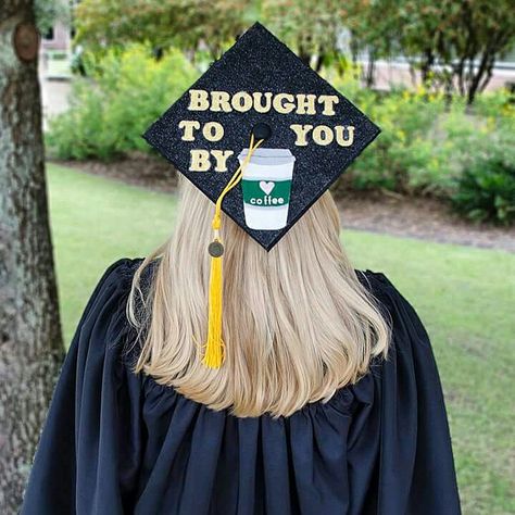 Coffee Graduation Cap, Quotes Flirty, Diy Grad Cap, Graduation Cap Designs College, College Funny, Funny Graduation Caps, Creative Graduation Caps, Graduation Cap Ideas, Masters Graduation