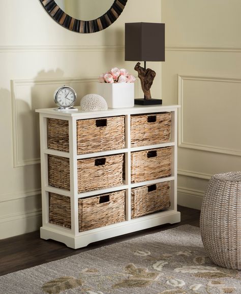 "This charming six-basket storage chest complements both urban and rural settings with a rugged finish on pine wood. This charming six-basket storage chest complements both urban and rural settings with a rugged finish on pine wood. Ideal in a bedroom or family room, its contrasting rattan pull out drawers are designed to make organization a breeze. No Assembly Required Weight Limit: 75lbs Measurements: 32.1\" x 13.4\" x 29.5\" Construction: Pine Made in China | Keenan 6 Basket Storage Chest in Wicker Basket Storage, Safavieh Furniture, Salon Suites, White Chests, Basket Storage, White Storage, Wicker Baskets Storage, Indoor Patio Furniture, Wicker Basket