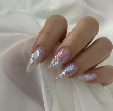 Glass Nails Designs Art Ideas, Sparkly Iridescent Nails, Opalite Nails, Aurora Flakes Nails, Frosted Acrylic Nails, Opal Nails Gel, Aurora Ice Nails, Hologram French Tip Nails, Silver Flake Nails