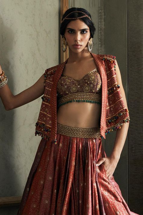 Buy Tarun Tahiliani Multi Color Jacket And Meenakari Brocade Lehenga Set Online | Aza Fashions Indian Silhouette, Indian Fashion Lehenga, Worked Blouse, Fashion Terminology, Brocade Lehenga, Gaun Fashion, Tarun Tahiliani, Trendy Blouse, Embroidered Neckline