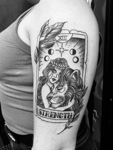 Tarot Card Arm Tattoo, Realism Tarot Card Tattoo, Lion Tarot Card Tattoo, Floral Tarot Card Tattoo, Tarot Card Strength Tattoo, Tarot Tattoo Strength, Tarot Card Sleeve Tattoo, Tarot Tattoo Traditional, Strength Card Tattoo