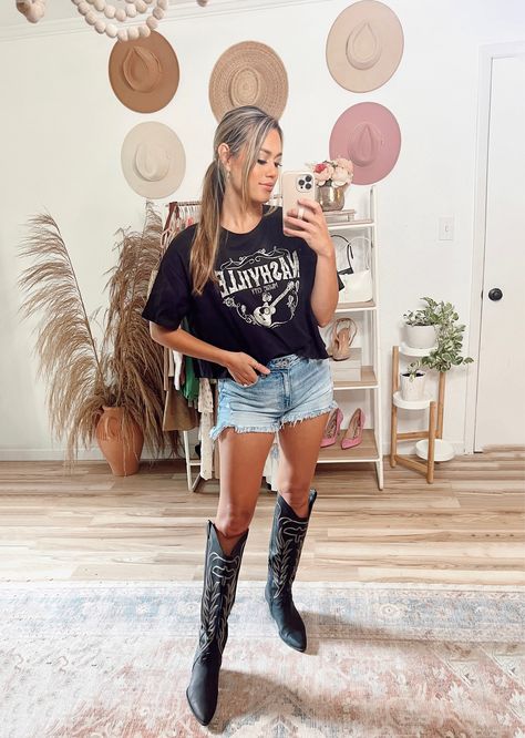 Black Nashville Music City Graphic … curated on LTK Nashville Music City, Cute Denim Shorts, Black Western Boots, Knee High Cowboy Boots, Guitar Graphic, Nashville Outfit, Cropped Tshirt, City Graphic, Skirt Boots