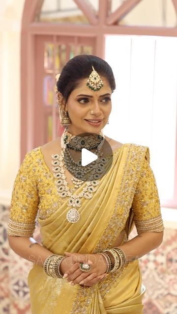 Sajna Bridal Wear Designer on Instagram: "Elegance personified: Draping this golden yellow saree with intricate hand-embroidered border, paired with a stunning bridal blouse and adorned with Victorian jewelry. Complete the look with flawless makeup for that coveted glass skin finish.
Make up @makeup_by_aamirah 
Hair and draping @shalini_hairartist 
Photography @saranjphotography 
Jewellery @new_ideas_fashions 
Saree @saavitri_by_sajna 
Blouse @sajna_bridal_wear_designer" Jewellery Ideas For Saree, Golden Yellow Saree, Yellow Saree, Embroidered Border, Bridal Blouse, Jewellery Ideas, Glass Skin, Flawless Makeup, Victorian Jewelry