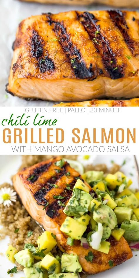 How To Grill Salmon, Grill Salmon, Salmon With Mango, Mango Avocado Salsa, Lime Salmon, Mango Avocado, Easy Chili, Diner Recipes, Summer Grilling Recipes