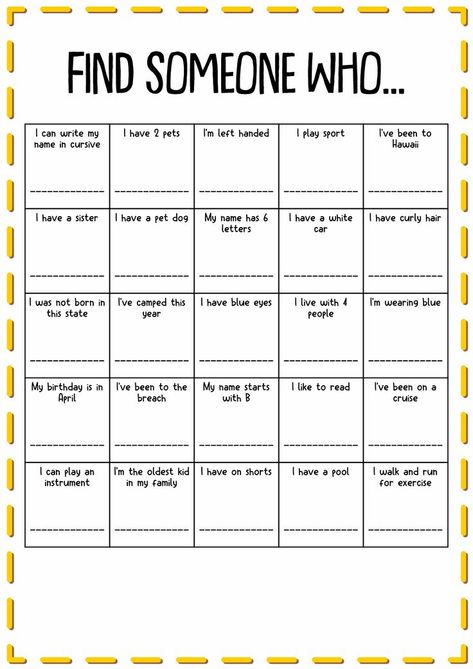 Engage in interactive math with our Find Someone Who worksheets and spark your child's love for numbers! Explore now. #MathFun #FindSomeoneWho #MathWorksheets #findsomeonewho Icebreaker Bingo, Financial Literacy Activities, Esl Learning, Math Bingo, Name In Cursive, Bingo For Kids, Get To Know You Activities, Classroom Makeover, History Classroom