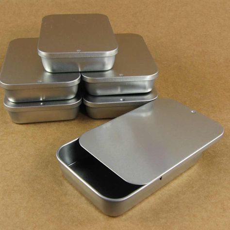 Large Silver Slide Top Metal Tin Boxes - Set of 6 Containers / 3 10/16 x 2 4/16 x 3/4 inch / Perfect for Gift Wrapping, Packaging & Favors Metal Packaging, Homemade Moisturizer, Diy Lips, Metal Containers, Lid Storage, Tin Containers, Metal Tins, Tin Boxes, Homemade Beauty Products