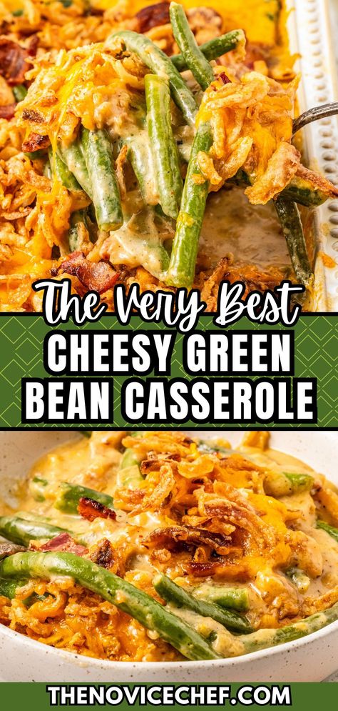 This easy and cheesy green bean casserole recipe is full of tender green beans that are smothered in a cheesy sauce with bacon and crispy fried onions. All those delectable flavors layer together to create one irresistible holiday side dish! Green Beans With Cheese, Green Side Dishes For Christmas, Green Bean Recipes With Bacon, Green Bean Casserole Cheesy, Green Vegetable Side Dish, Christmas Casserole Recipes, Green Bean Casserole Thanksgiving, Green Bean Casserole Recipes, Cheesy Beans