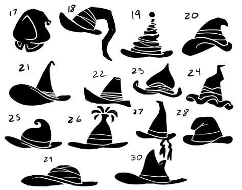 Eri Kawakami — More silhouettes for a total of 491 (yeesh so... Drawing Witch Hat, How To Draw Witch Hats, How To Draw A Witch Hat, Witch Hat Drawing Reference, Witch Clothes Drawing, Witch Drawing Reference, Witch Hat Drawing, Witch Hat Design, Drawing Hats