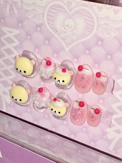 Cute Asian Nails, Cutecore Nails, Rilakkuma Nails, Cupcake Nails, Kawaii Nail Art, Food Nails, Junk Nails, Hippie Nails, Blush Nails