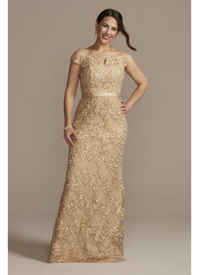 Off-the-Shoulder Sparkle Applique Sheath Gown D40NY2101 Olsen Wedding, Plus Size Wedding Guest Outfits, Champagne Gold Dress, Wedding Vow Renewal Ceremony, Mother Of The Bride Dresses Long, Gold Gown, Sheath Gown, Gown Style, Groom Dresses