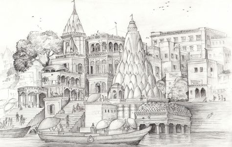 Varanasi Ghaats - Banks of the Ganges A pencil sketch Banaras Sketches, Varanasi Ghat Sketch, Varanasi Sketch, Varanasi Drawing, Banaras Painting, India Monuments, Ancient Indian Paintings, Banaras Ghat, Varanasi Ghat