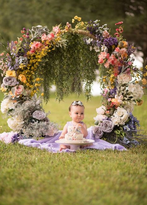 Florals, Butterflies, and Purple Themed Cake Smash for an adorable baby girl's first birthday Fairy 6 Month Photoshoot, Enchanted Forest First Birthday Photo Shoot, Butterfly First Year Birthday, Our Fairy First Birthday, Purple Fairy Theme Birthday Party, First Birthday Fairy Garden Party, Fairy One Year Pictures, Fairy First Birthday Party Smash Cake, Purple Themed First Birthday Party