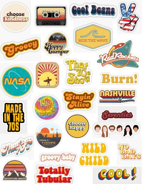 Retro, vintage, 70s sticker pack, stickers, tumblr stickers, aesthetic stickers, rainbow stickers, text, happy, bright, yellow, orange, rad laptop stickers 70s Stickers Vintage, Retro Vintage Stickers, 70s Aesthetic Stickers, Collage Stickers Aesthetic, Stickers Laptop Ideas, Aesthetic Stickers For Phone Case, Retro Aesthetic Stickers, 70s Stickers, Stickers Aesthetic Vintage