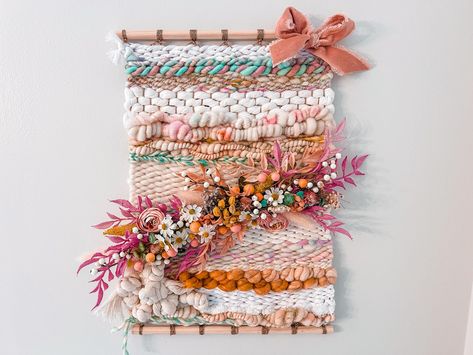 Floral Wall Art, Floral Weaving, Modern Wall Hanging, Nursery Art, Colorful Weaving, Woven Wall Hanging, Boho Weaving, Woven Wall Art Decor - Etsy Colorful Weaving, Natural Weaving, Nature Weaving, Weaving Wall Decor, Floral Weaving, Wall Hanging Nursery, Peach Walls, Velvet Fringe, Weaving Loom Diy