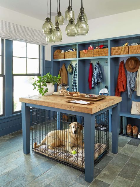 Dog Crate End Table Living Rooms, Dog Crate In Mudroom, Dog Crate Island Kitchens, Dog Kennel In Office, Dog Kennel Ideas Indoor Small Space, Dog Crate Kitchen Table, Dog Kennel Kitchen Table, Dog Kennel Kitchen Island, Large Dog Crates In Living Room