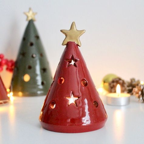 Christmas Ceramic Tree Candle Holder Pottery Tea Light - Etsy Australia Ceramic Luminary, Pottery Tea Light, Candle Holder Pottery, Ceramic Christmas Tree Lights, Holiday Pottery, Mini Candle Holders, Tree Lanterns, Ceramic Christmas Decorations, Christmas Tree Candle Holder