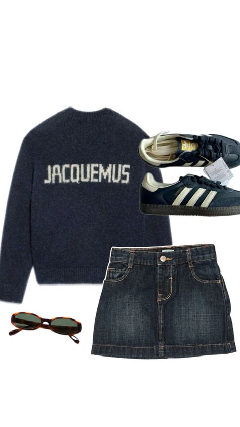 summer outfit navy blue skirt denim cool adidas sambas Blue Sambas, Blue Samba, Outfit Navy, Adidas Sambas, Navy Blue Skirt, Navy Outfit, Skirt Denim, Blue Skirt, Samba