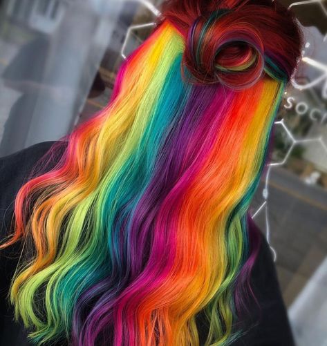 Red And Rainbow Hair, Rainbow Hair Hidden, Rainbow Hair Color Short, Rainbow Hair Dye, Summer Hair Dye, Short Rainbow Hair, Rainbow Hair Color Ideas, Hidden Rainbow Hair, Which Hair Colour